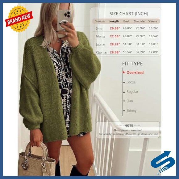 Oversized Cardigan Lantern Sleeve Lightweight Knit Open Front Sweater - Picture 4 of 8